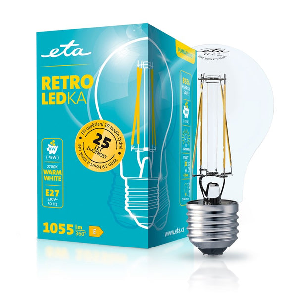 LED izzók ETA RETRO LED klasszikus izzószál 8W, E27, melegfehér fény (ETAA60W8WWF01)